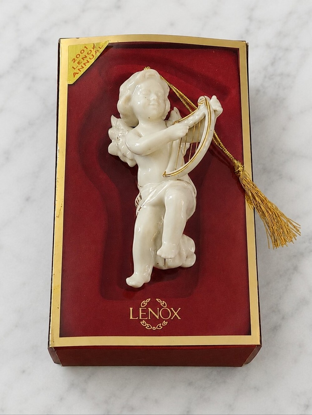 Lenox 2001 Annual Cherub Angel Harp Porcelain Christmas Ornament in Box